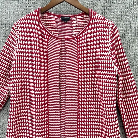 Talbots Open Cardigan Women's Size Small Red White Sweater Pure Merino Wool - Picture 5 of 12